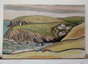 Porthgain, charcoal, pencil and watercolour on plywood panel unframed 2025 8x4" approx
