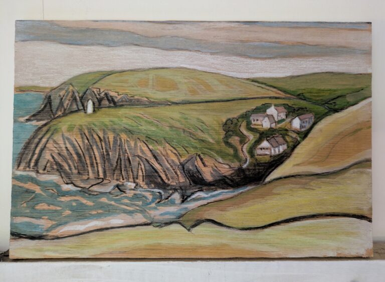 Porthgain, charcoal, pencil and watercolour on plywood panel unframed 2025 8x4" approx